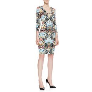 Just Cavalli Lotus Printed Jersey Sheath Dress Womens Size Medium Black Multi